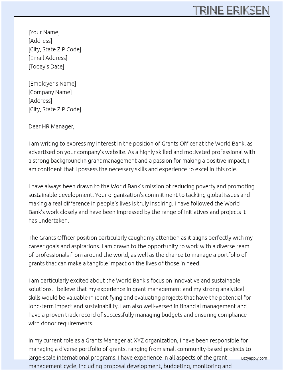 Cover letter for grants officer - LazyApply