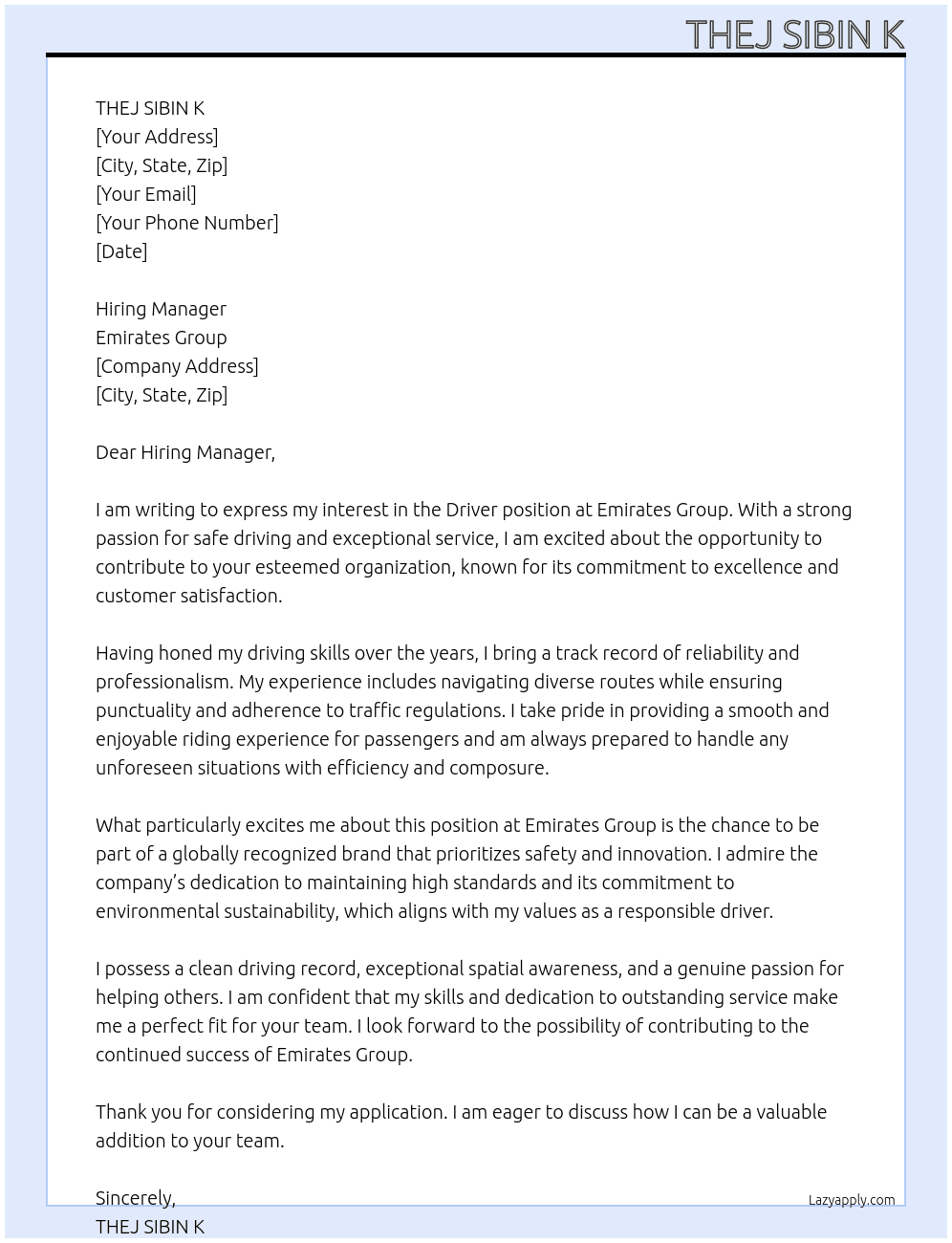 driver At emirates group Cover Letter