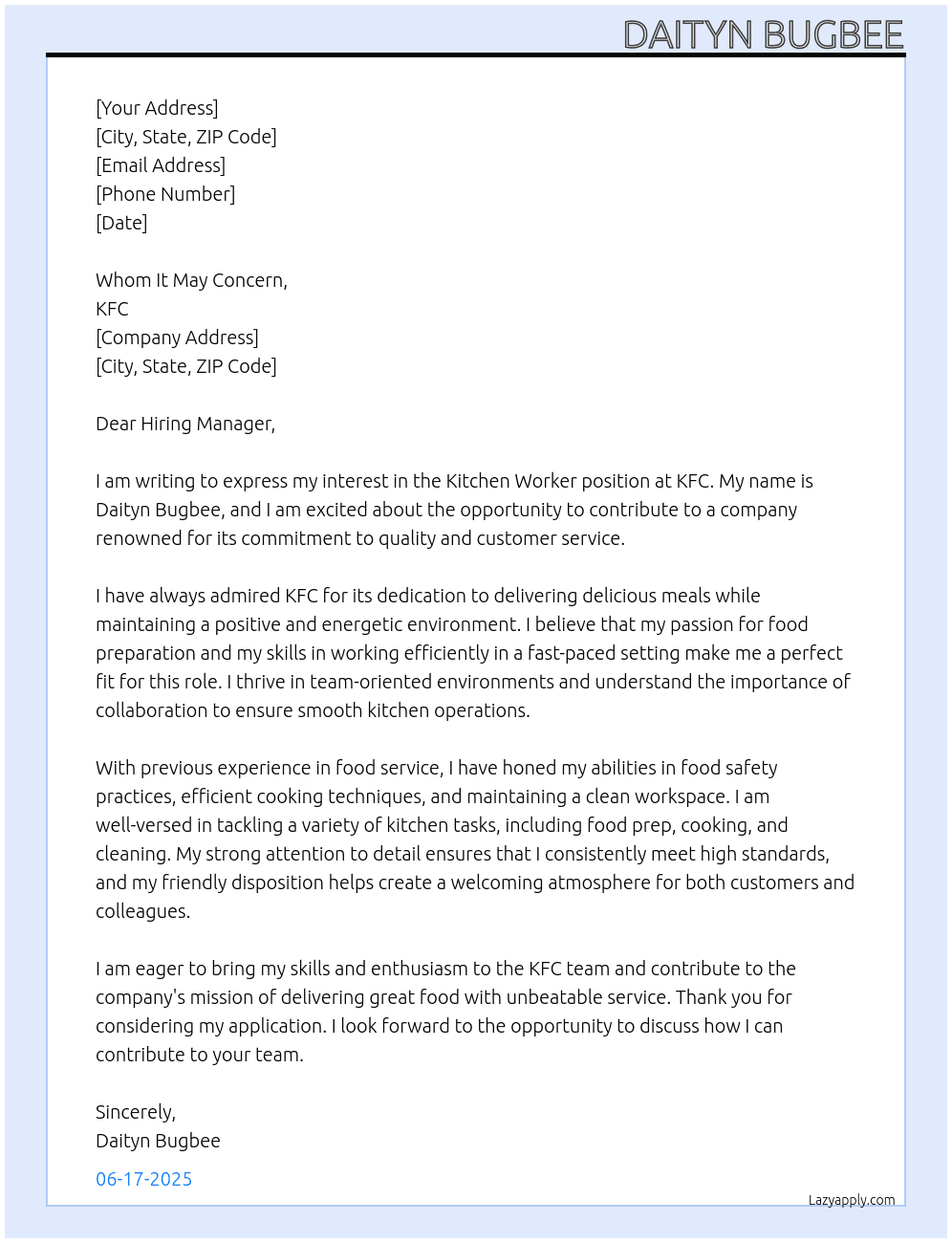 Cover letter for kitchen worker - LazyApply