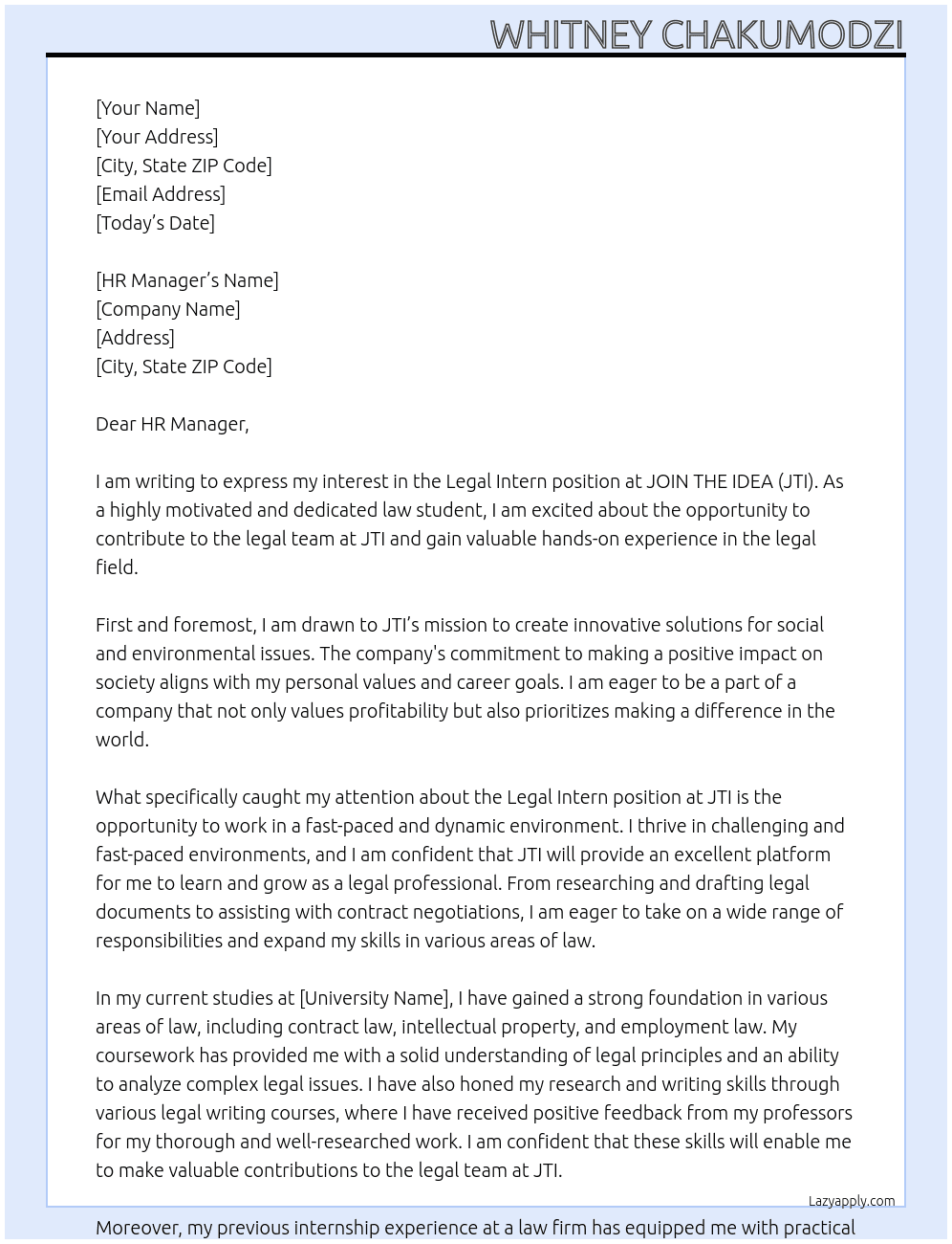 Legal intern At JOIN THE IDEA(JTI) Cover Letter