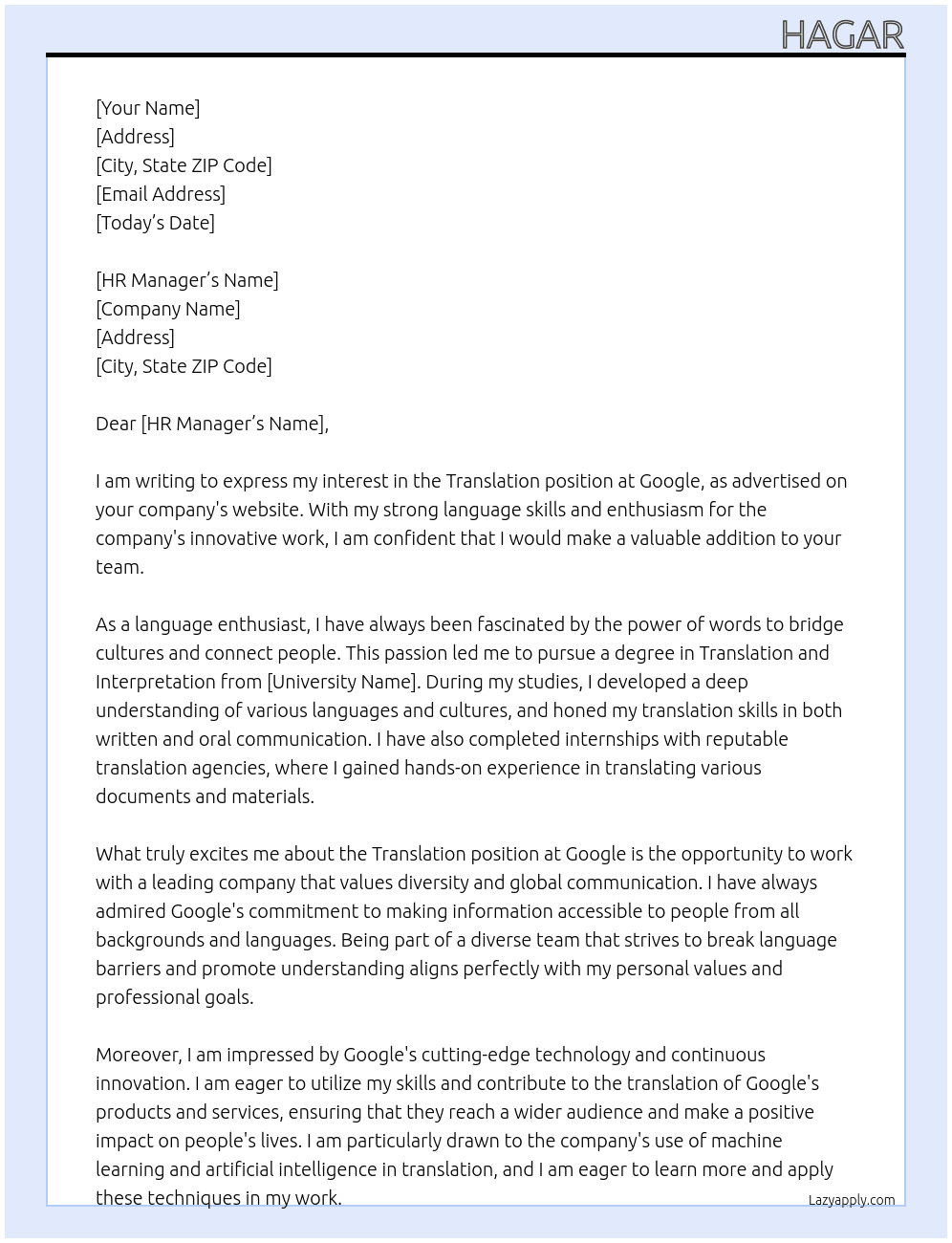 Translation At google Cover Letter