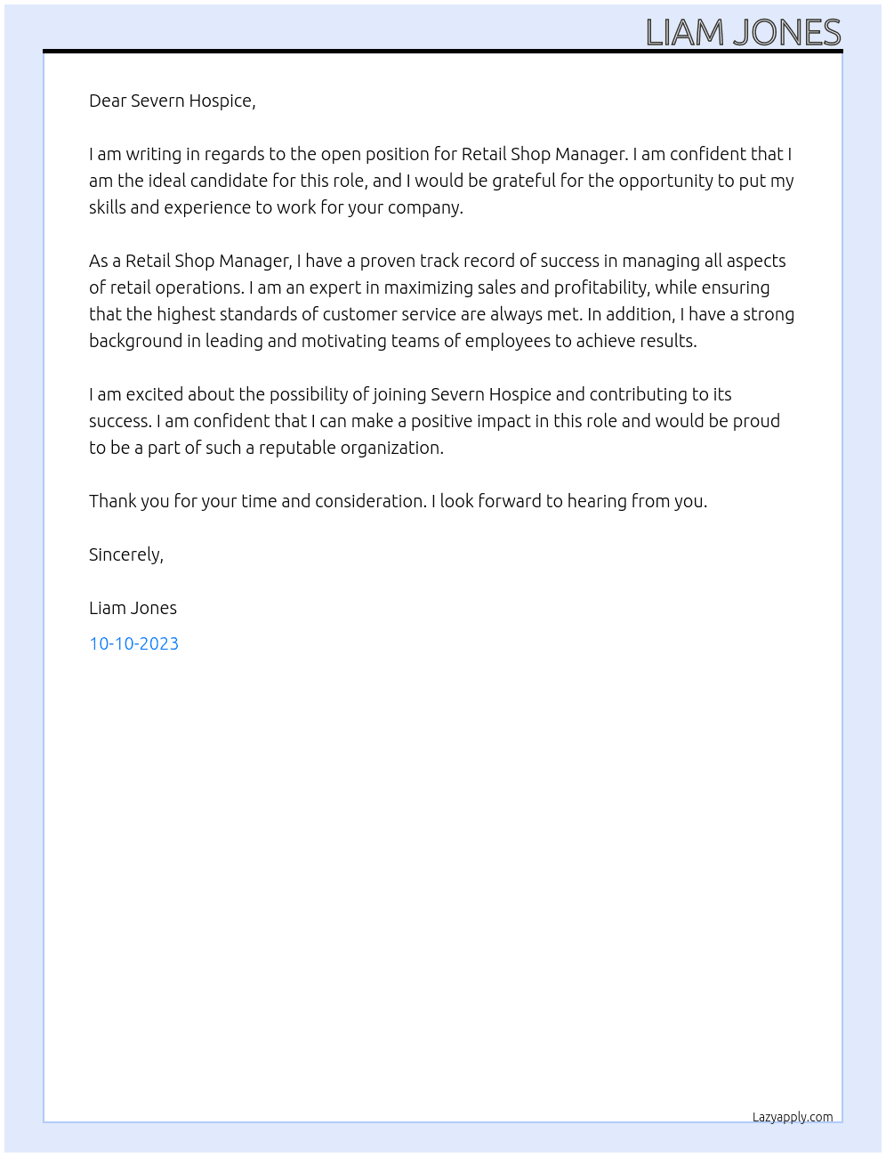 Retail Shop Manager At Severn Hospice Cover Letter