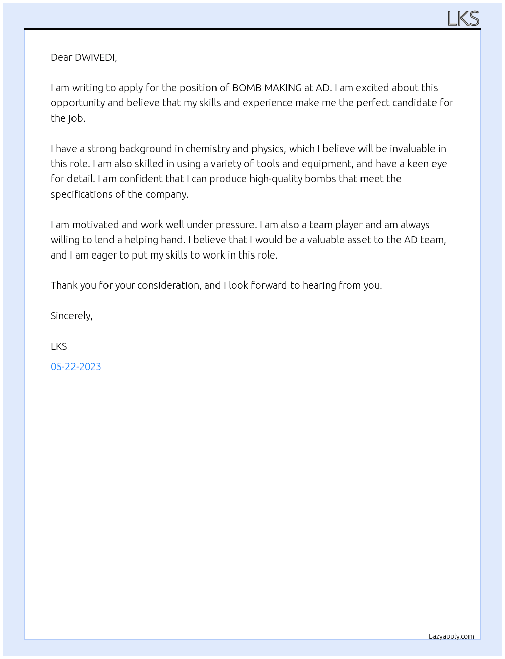 BOMB MAKING At AD Cover Letter