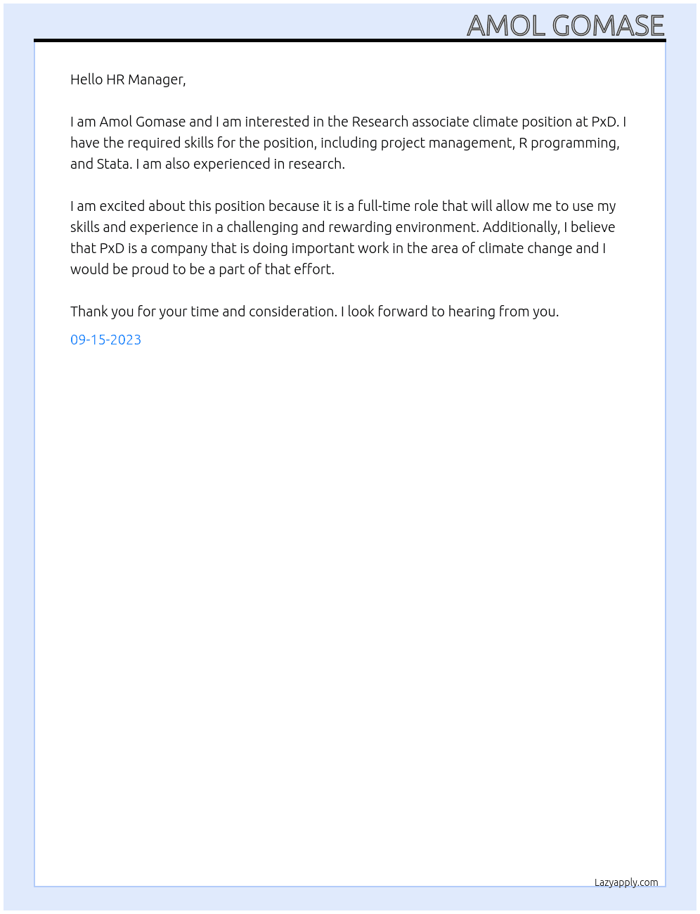 Research associate climate  At PxD Cover Letter