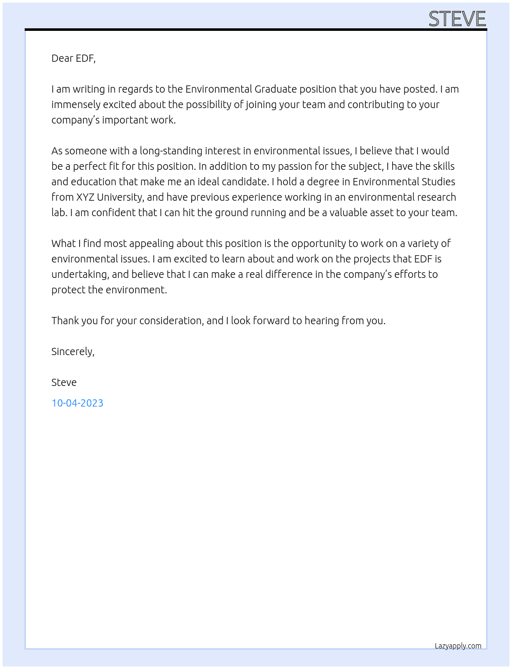 Environmental Graduate At EDF Cover Letter