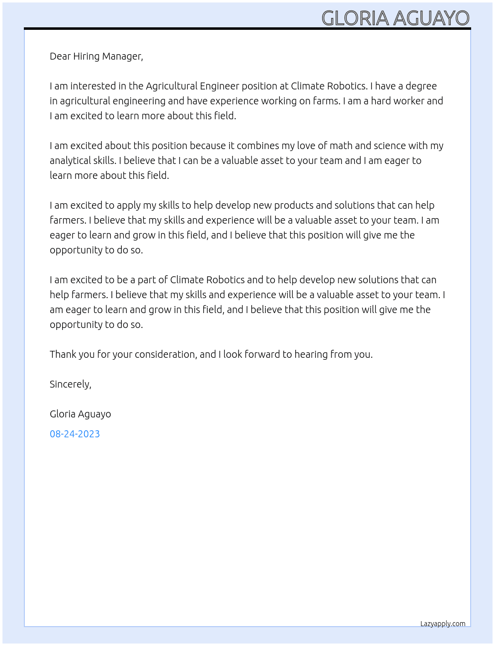 Agricultural engineer  At Climate Robotics Cover Letter
