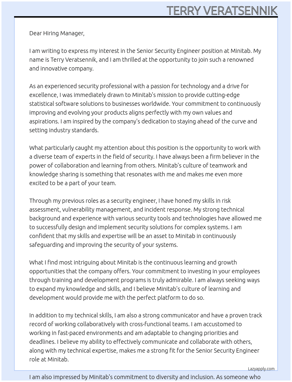 Senior Security Engineer At minitab Cover Letter