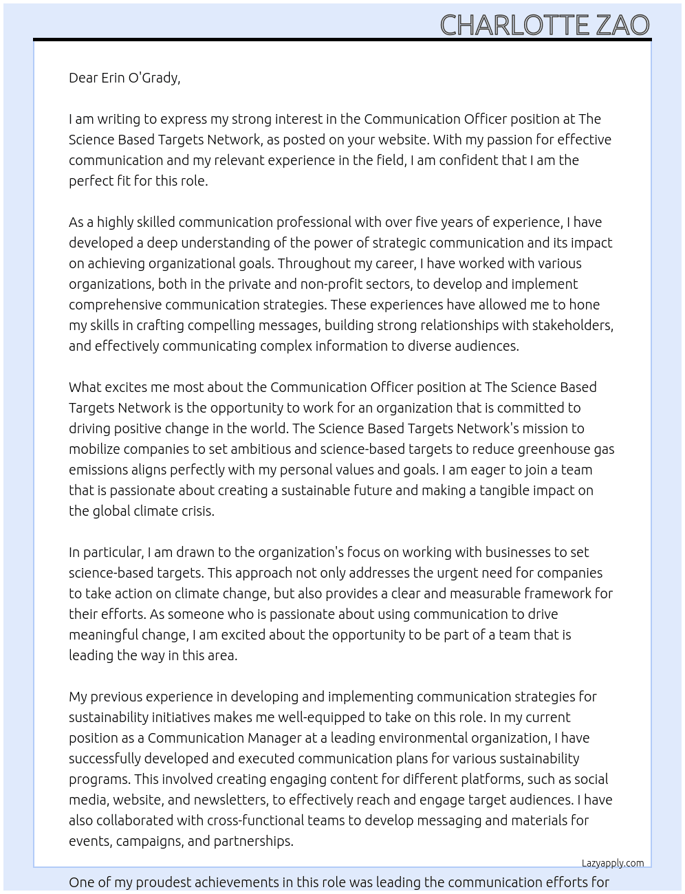 communication officer At The Science Based Targets Network Cover Letter