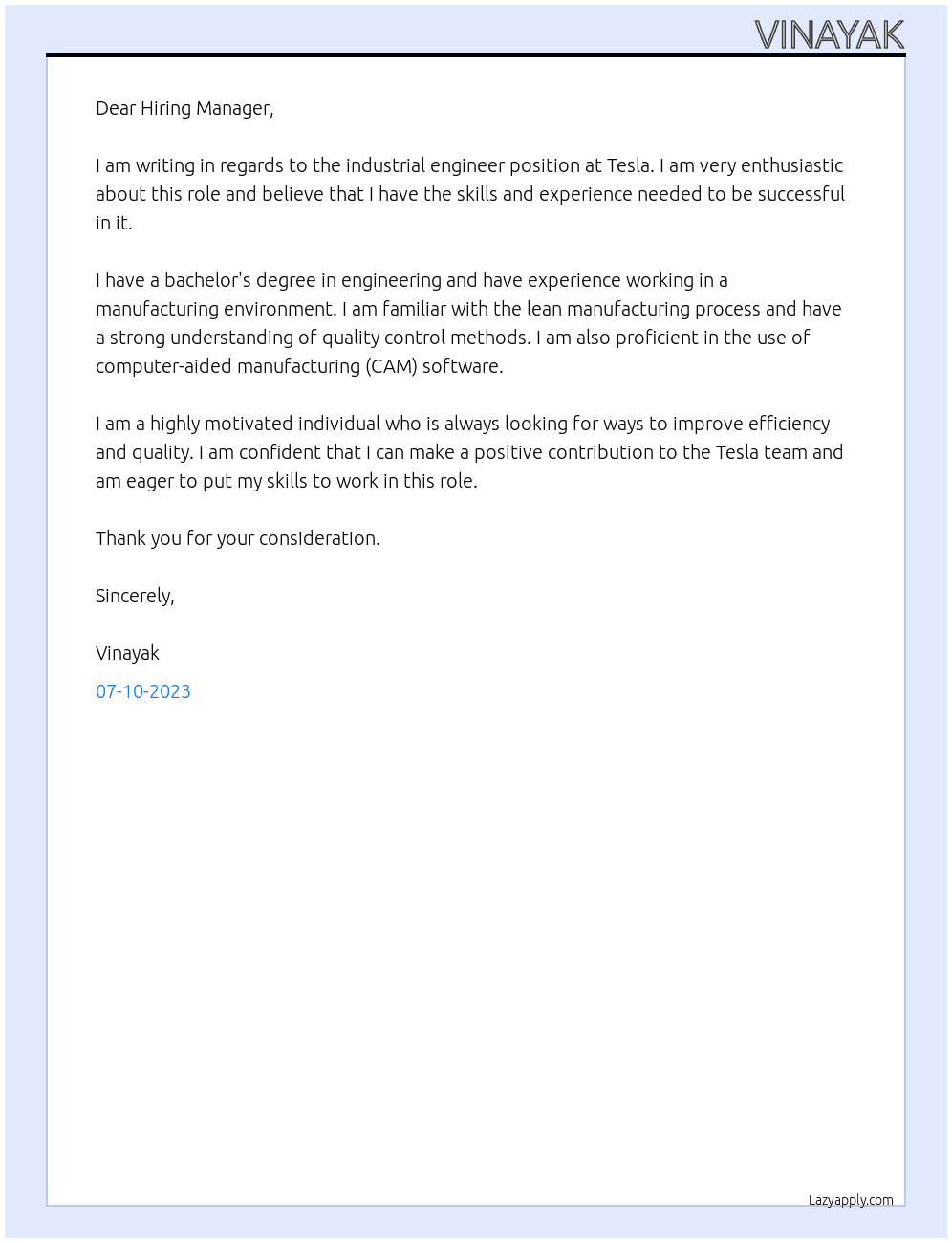 Industrial engineer At Tesla Cover Letter
