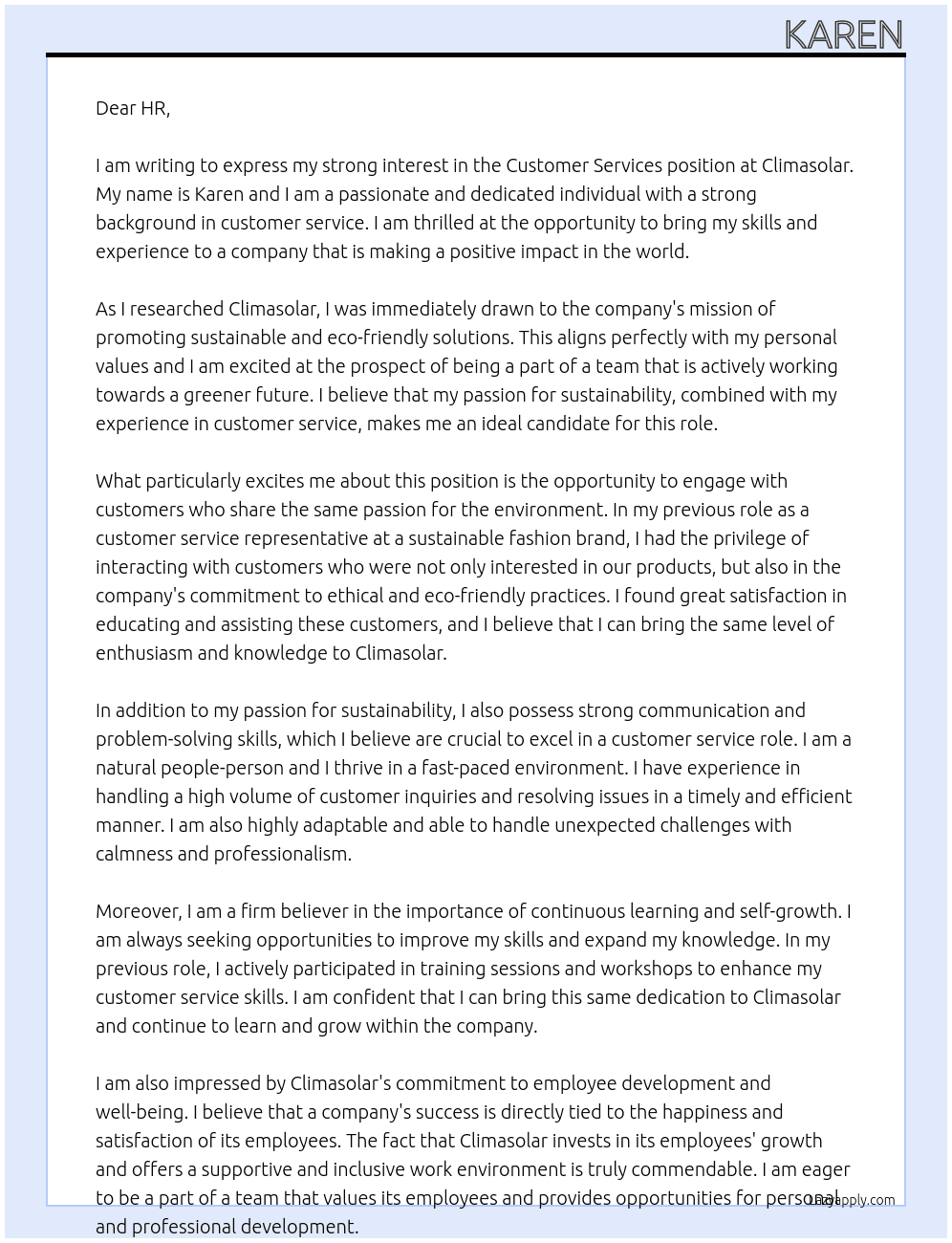 Customer services At Climasolar Cover Letter