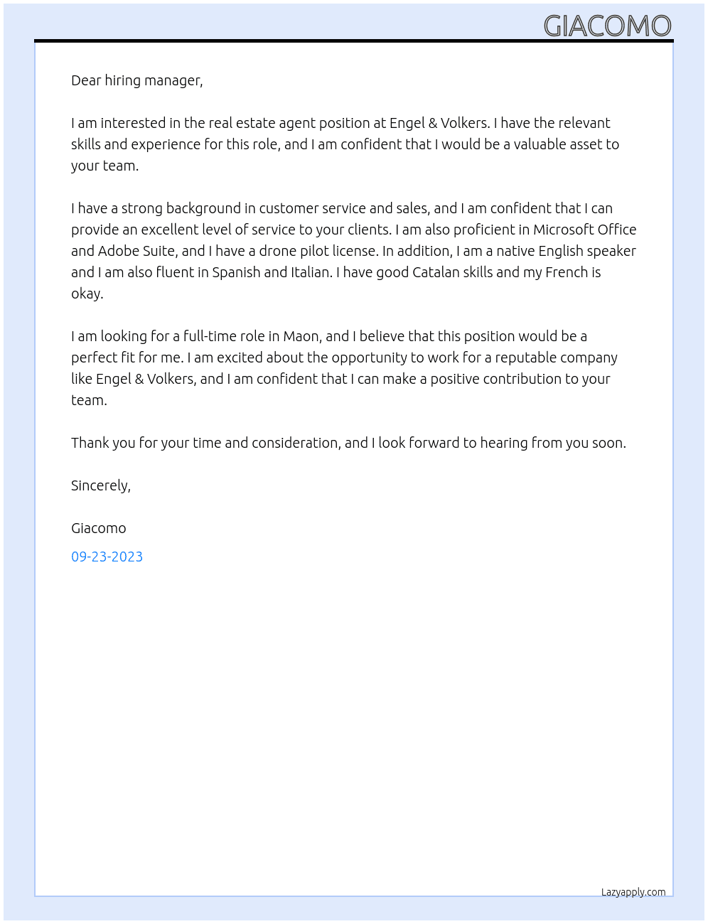 Real Estate agent At Engel & Volkers Cover Letter