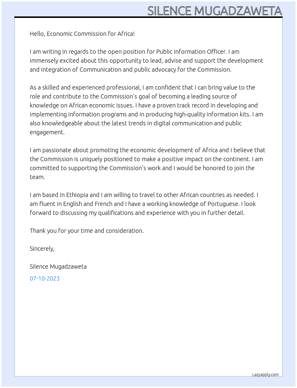 Public Information Officer At Economic Commission for Africa Cover Letter
