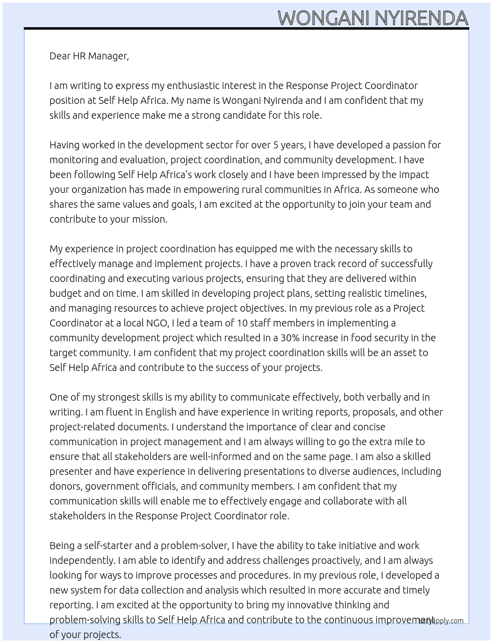 Response Project Coordinator At Self Help Africa Cover Letter