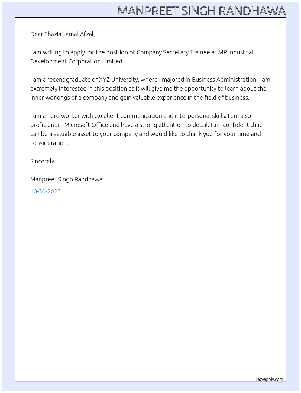 Company Secretary Trainee At MP Industrial Development Corporation Limited Cover Letter