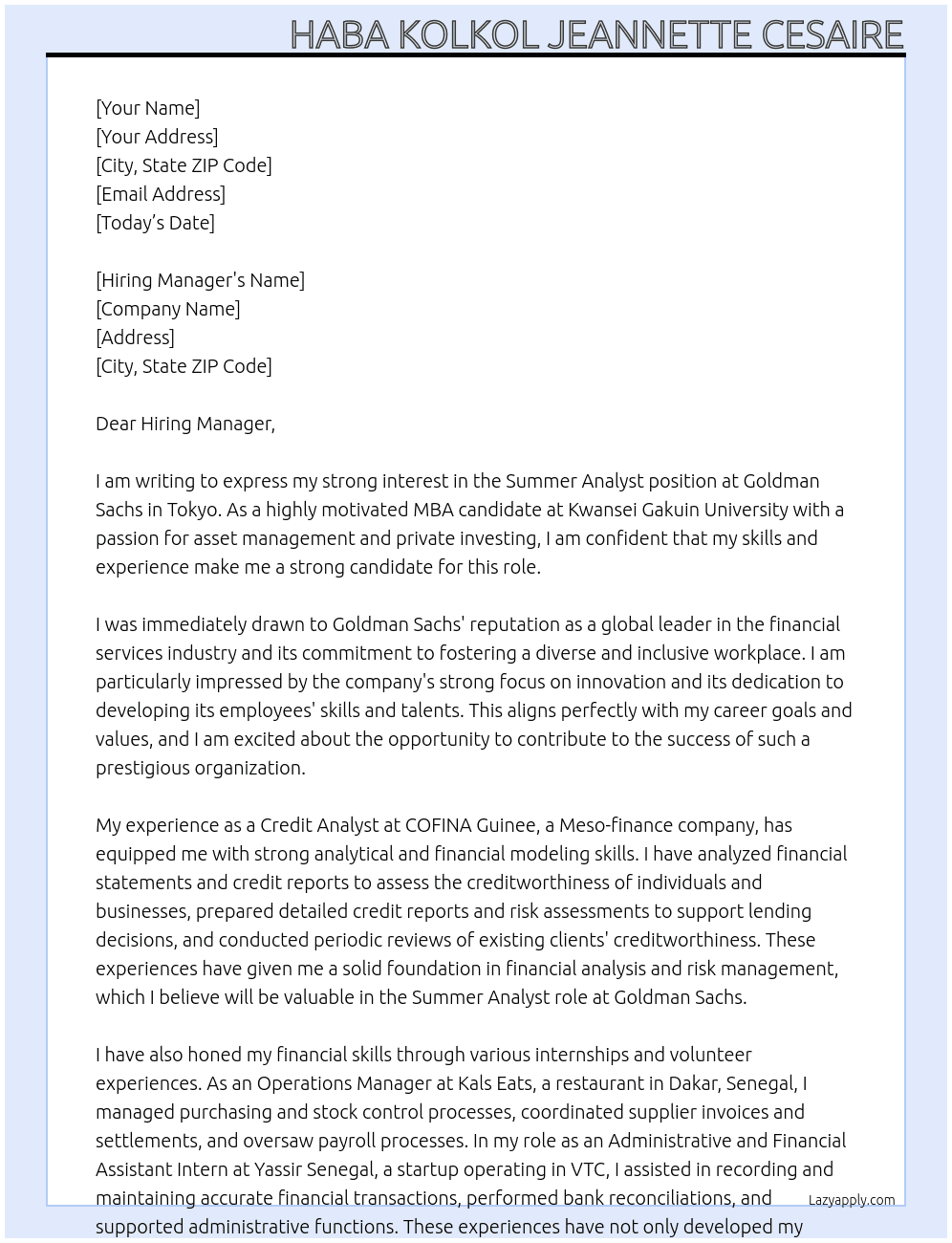 Cover letter for 2025 | japan | tokyo | asset management, private investing, summer analyst - LazyApply