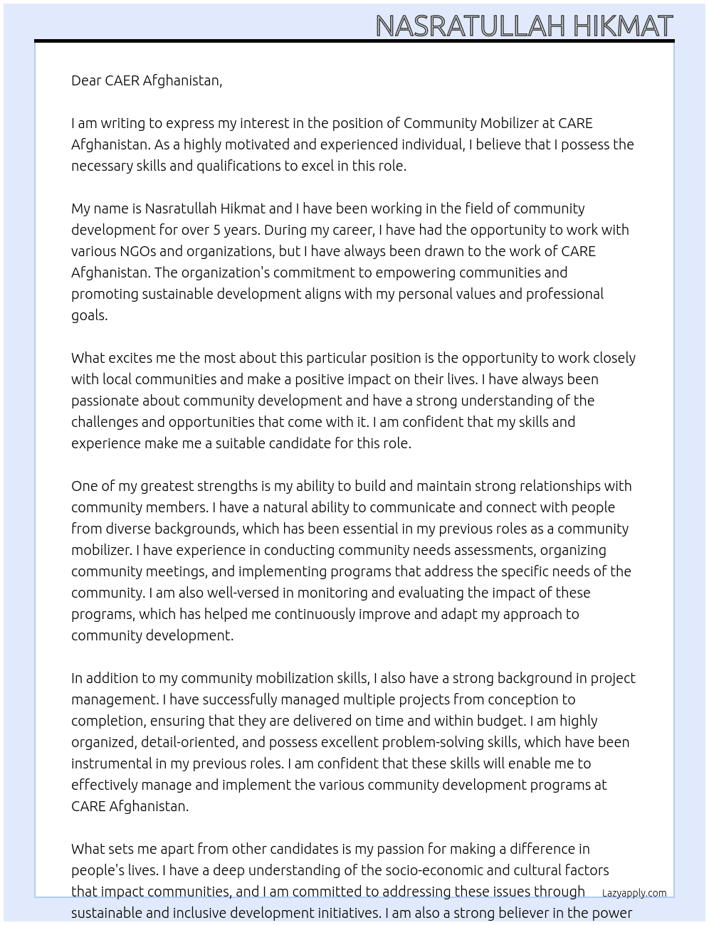 community Mobilizer At CARE Afghanistan Cover Letter
