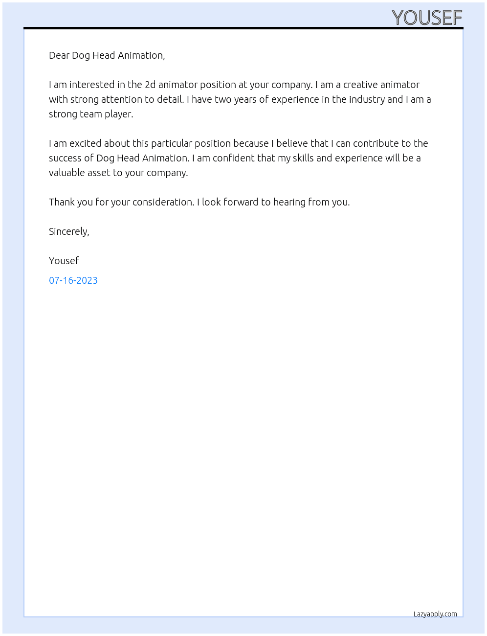 2d animator At Dog Head Animation Cover Letter