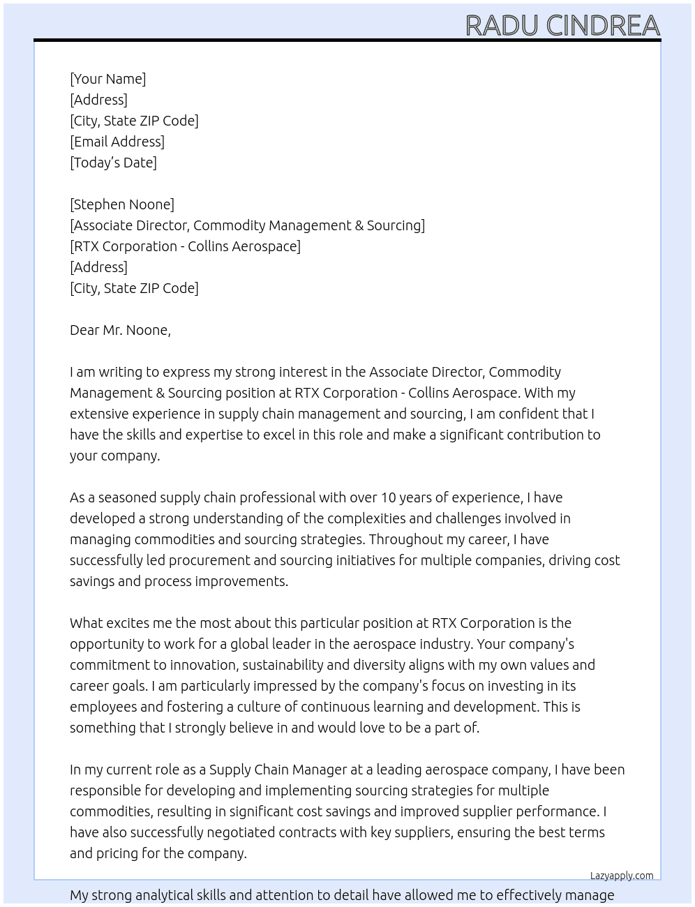 Associate Director, Commodity Management & Sourcing At RTX Corporation - Collins Aerospace Cover Letter