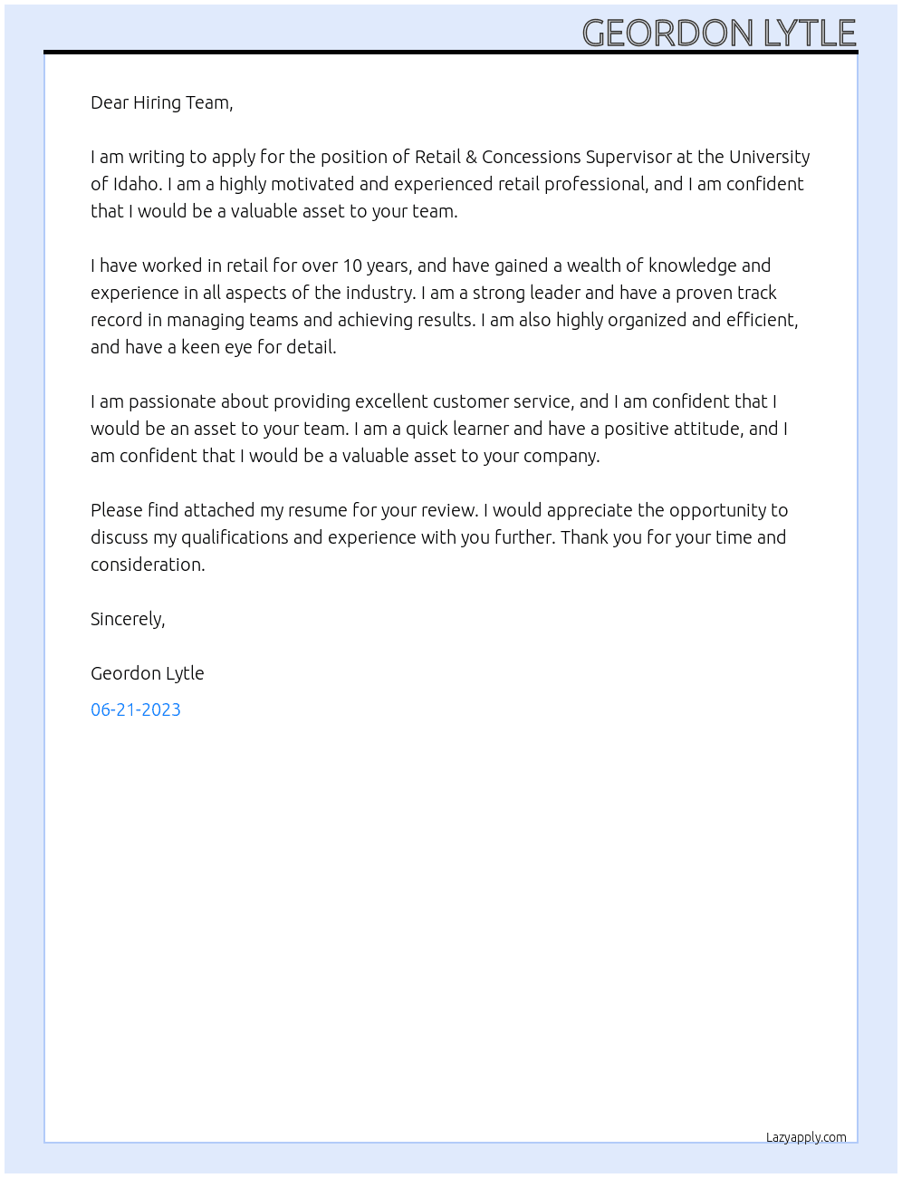 Retail & Concessions Supervisor At University of Idaho Cover Letter