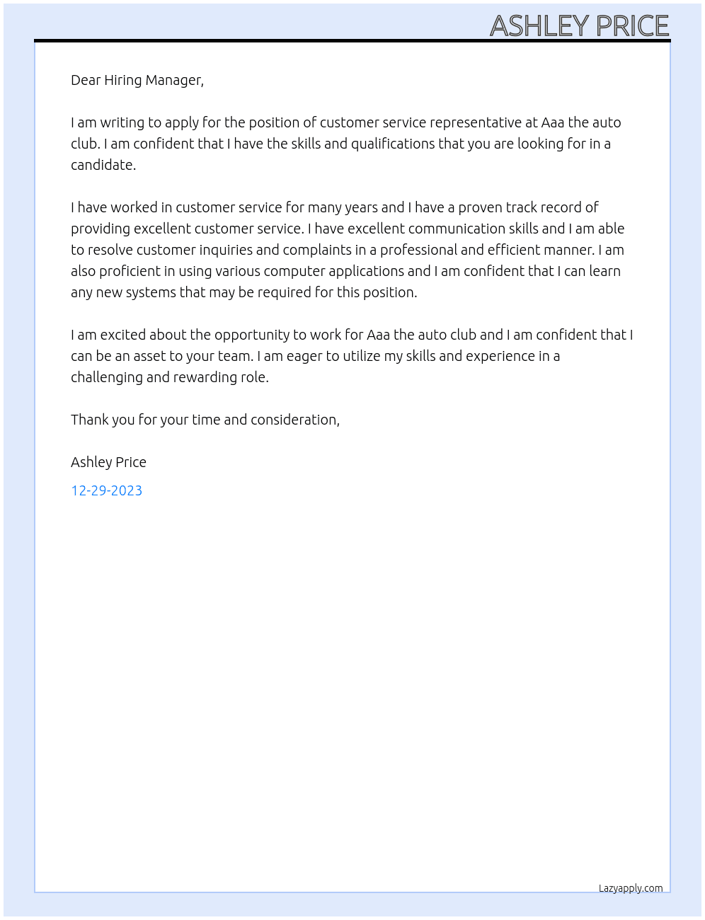Customer service rep At Aaa the auto club Cover Letter