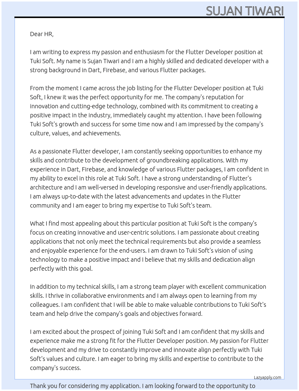flutter developer At tuki soft Cover Letter