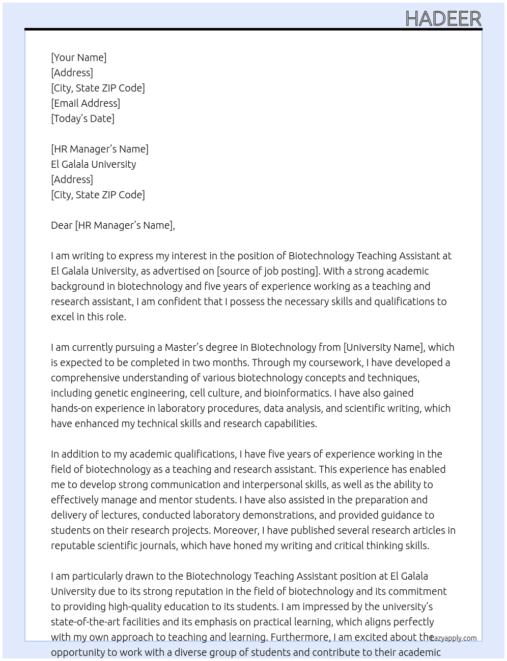 Biotechnology teaching assistant At El Galala University Cover Letter