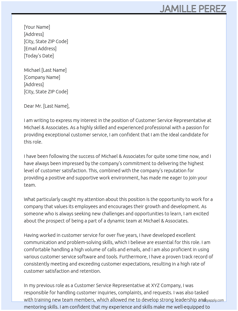 Customer Service Representative At Michael & Associates Cover Letter