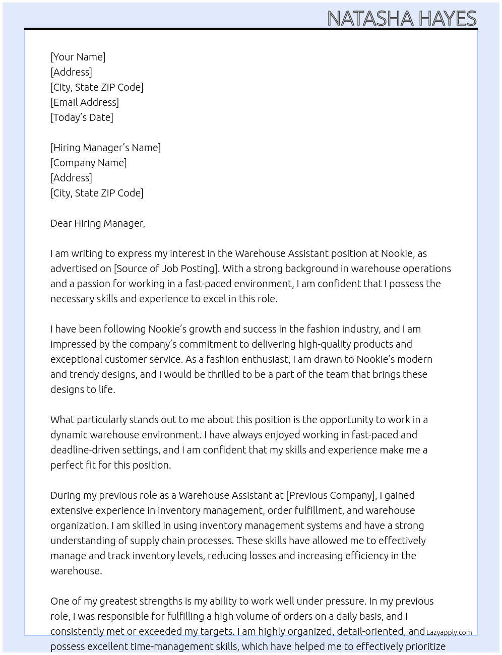 Warehouse Assistant  At Nookie Cover Letter