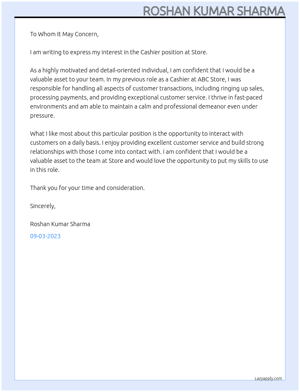 Cashier At Store Cover Letter