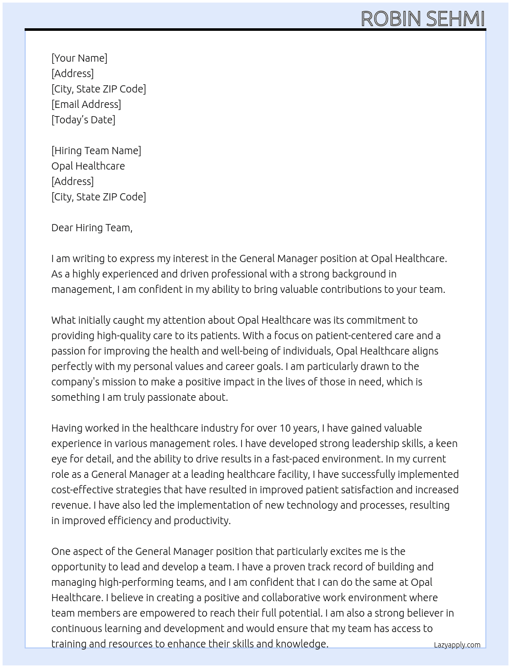 General Manager At Opal Healtcare Cover Letter