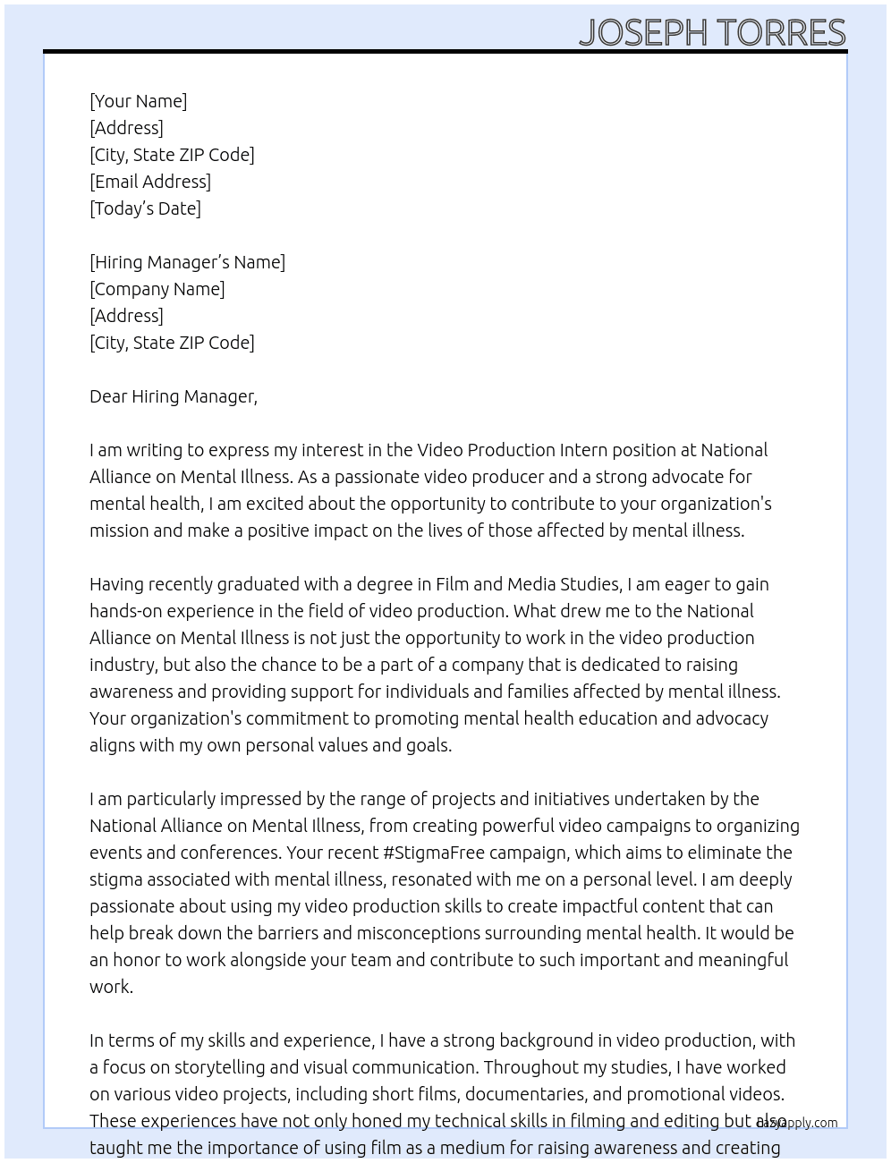 Video Production Intern At National Alliance on Mental Illness Cover Letter