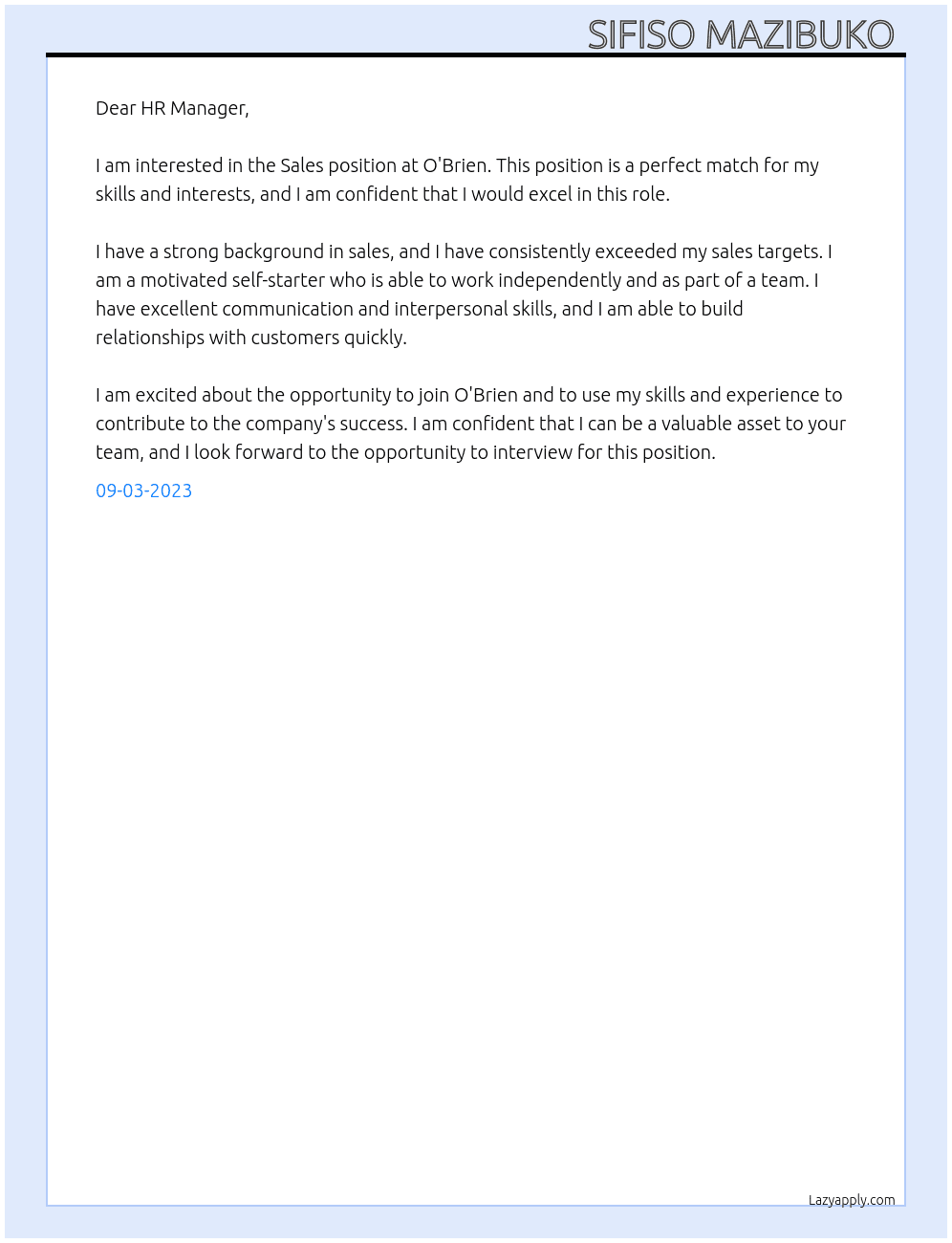 Sales  At O'Brien  Cover Letter