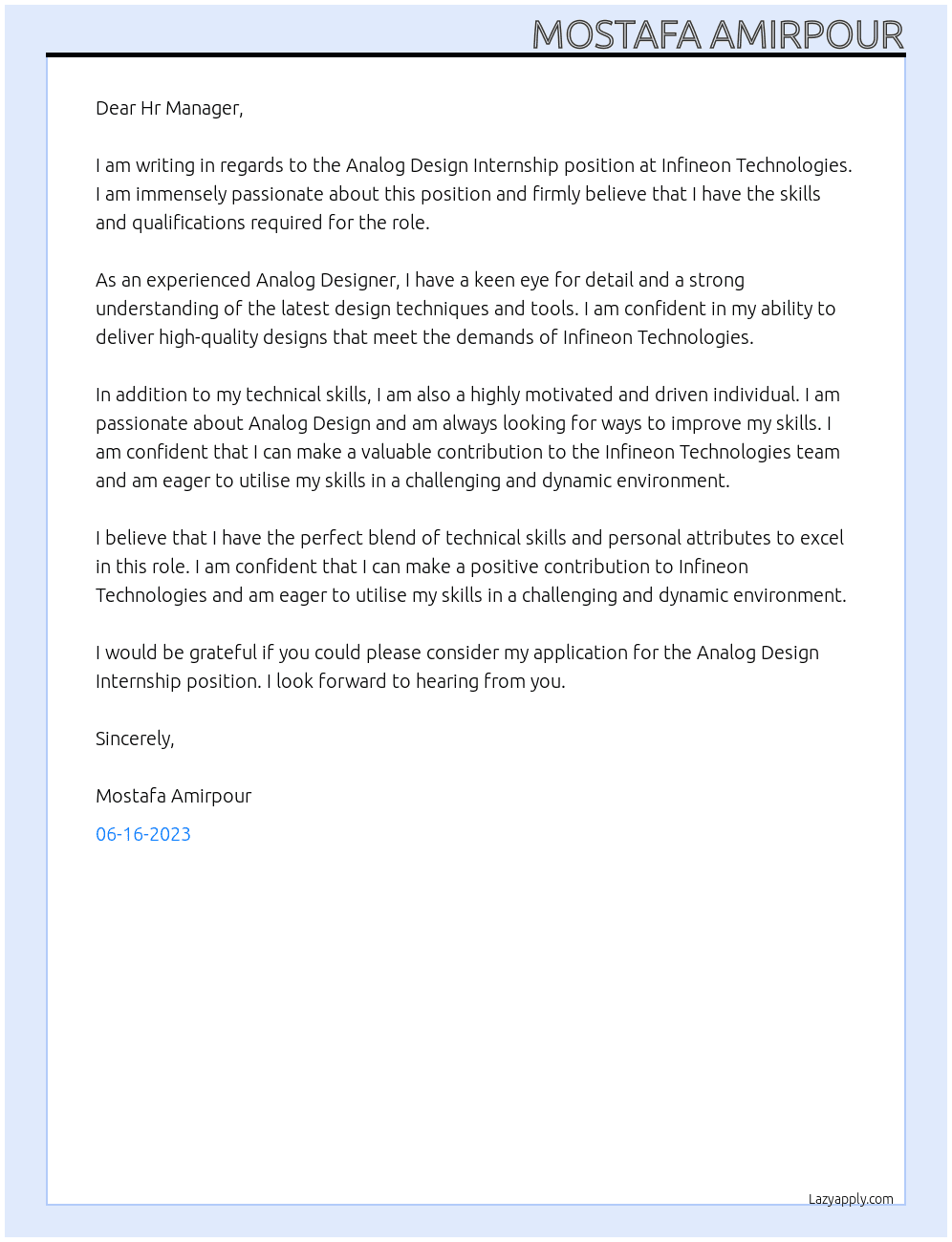 Analog Design Internship At Infineon Technologies  Cover Letter