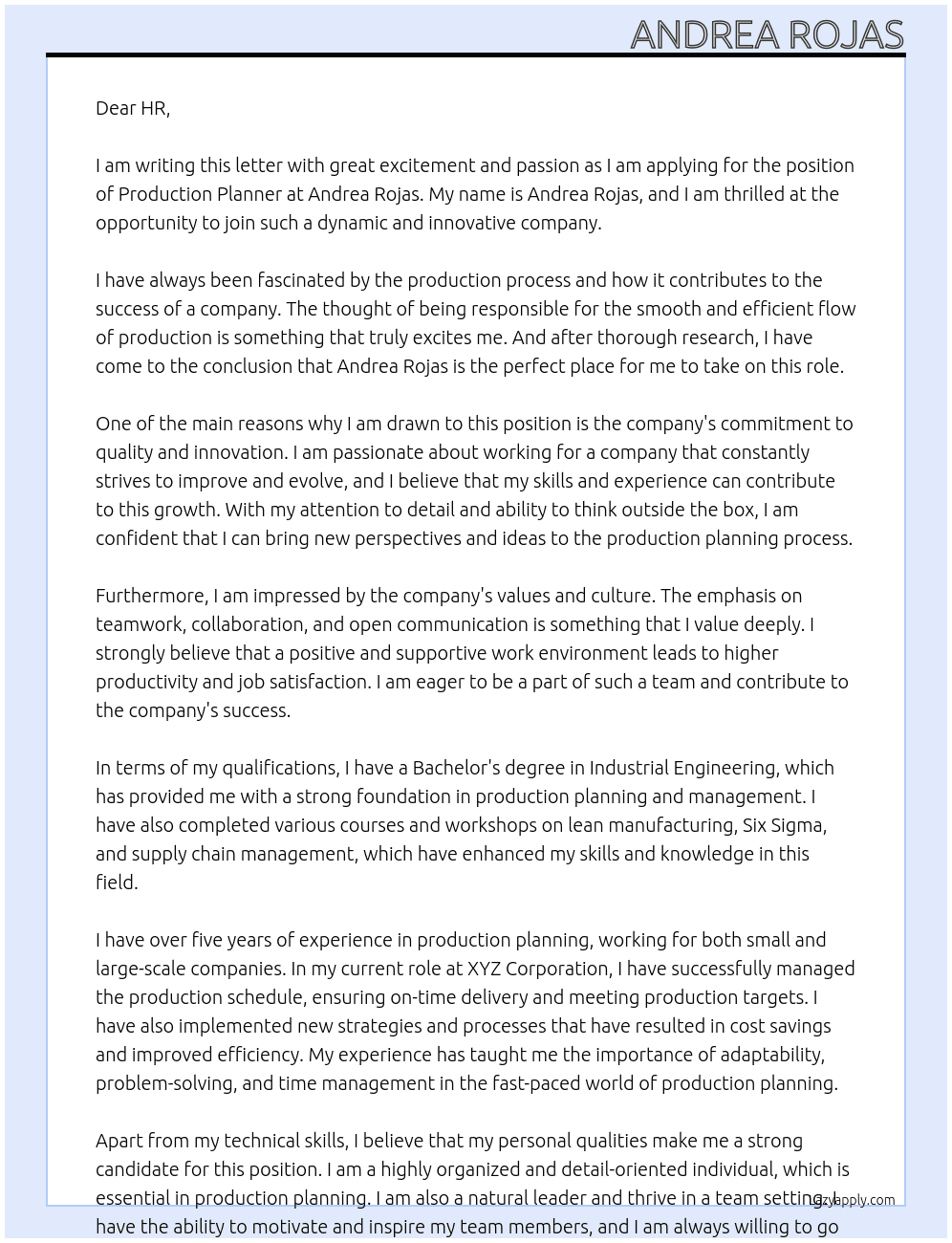 production planner At Andrea Rojas Cover Letter