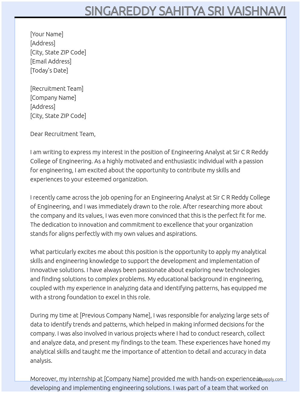 Engineering Analyst At SIR C R REDDY COLLEGE OF ENGINEERING Cover Letter