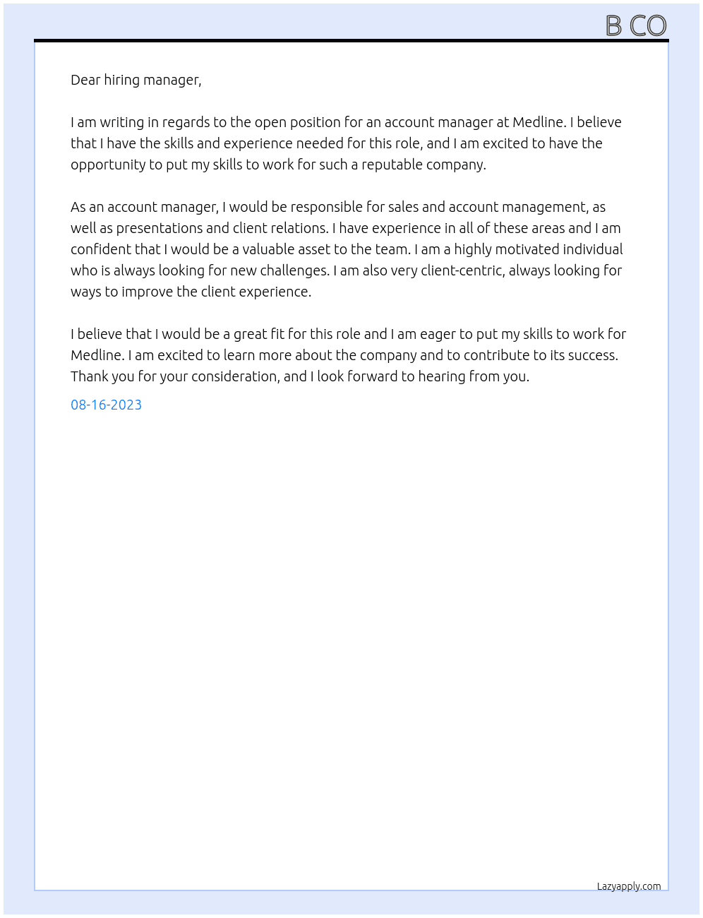 account manager At medline Cover Letter
