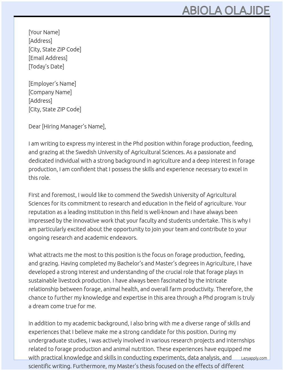 Phd position within forage production, feeding and grazing At Swedish University of Agricultural Sciences Cover Letter