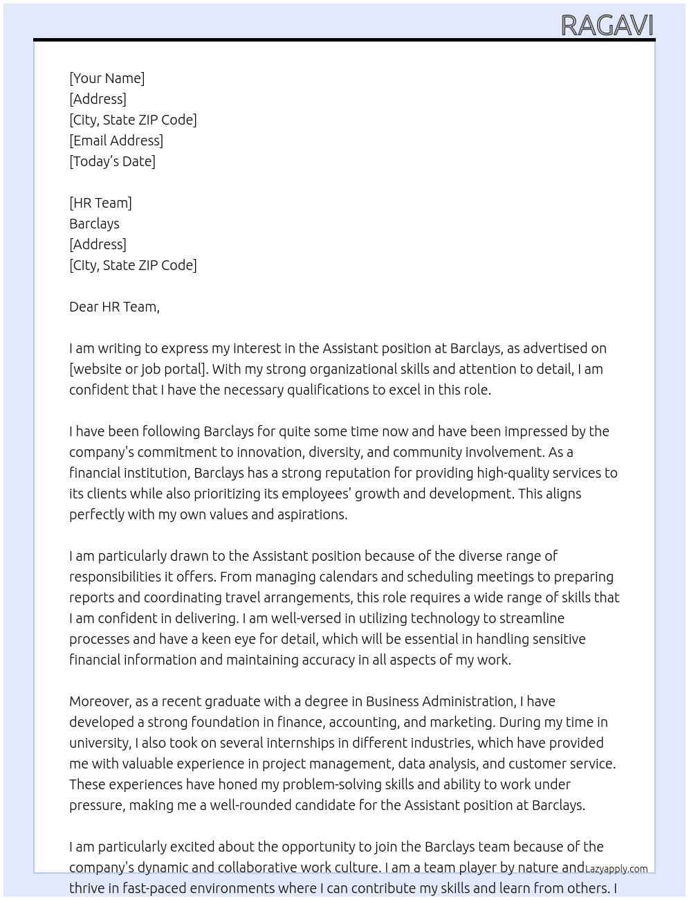 Assistant At Barclays Cover Letter
