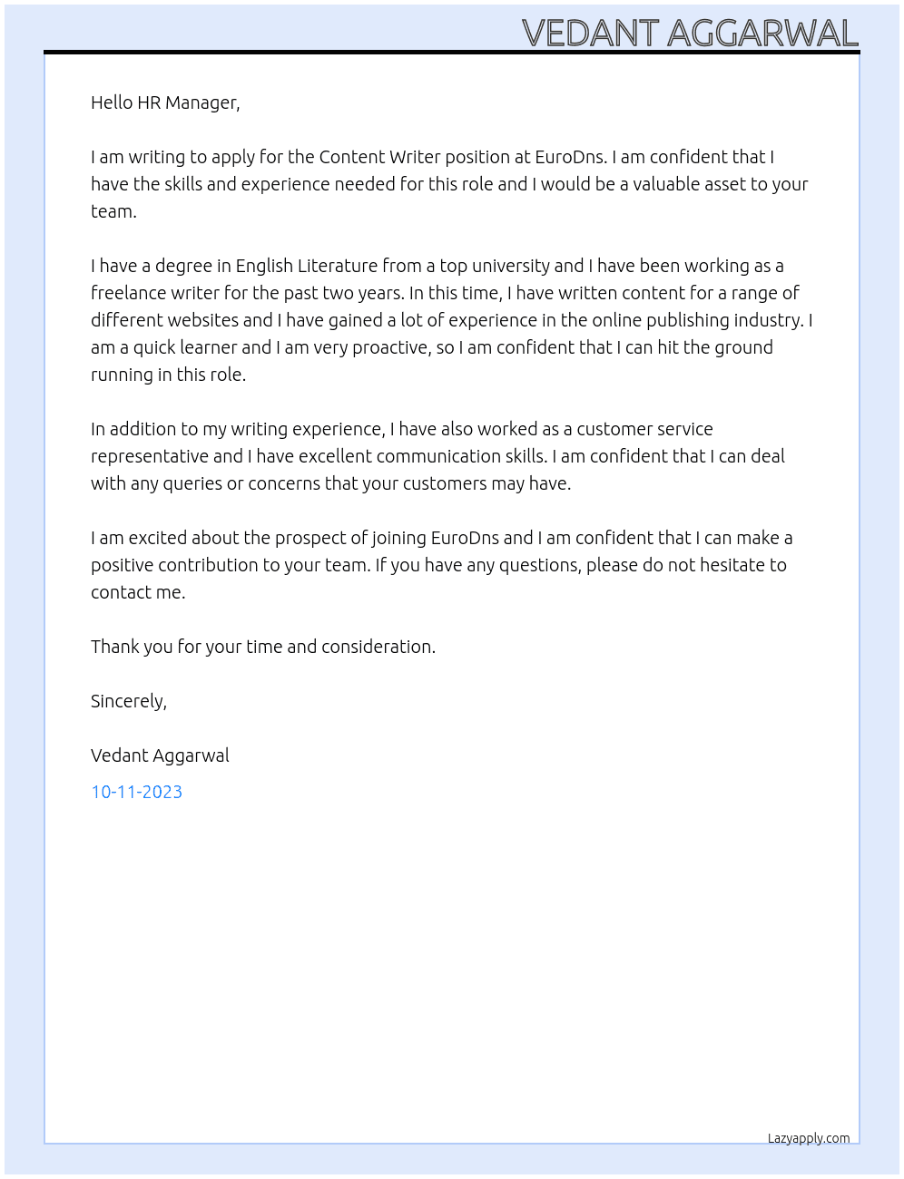 Content writer  At EuroDns Cover Letter