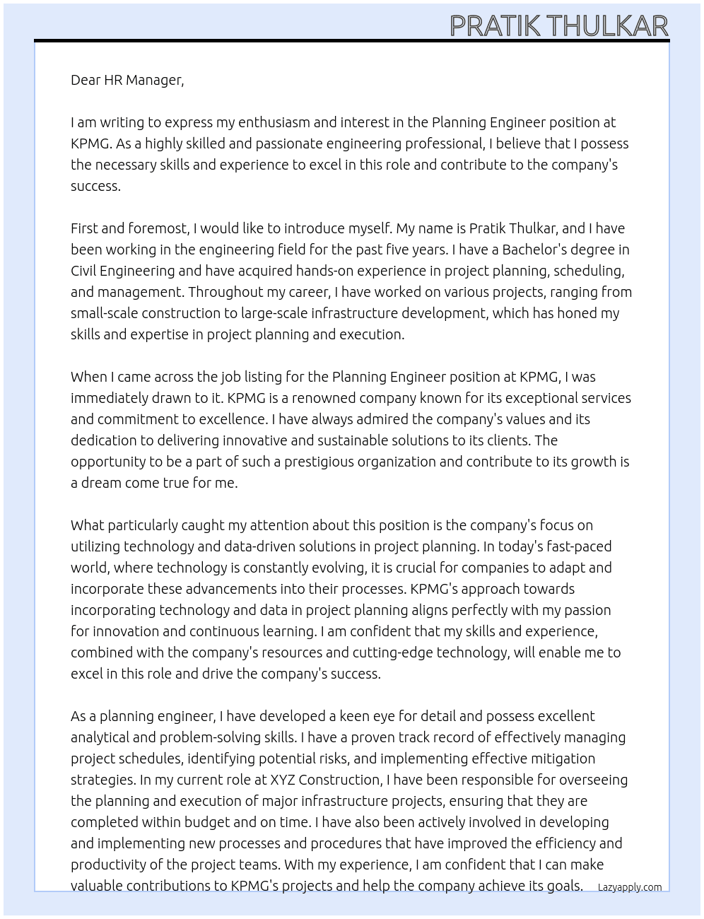 PLanning Engineer At KPMG Cover Letter