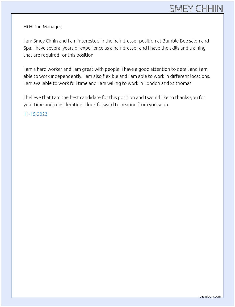 Hair dresser At Bumble Bee salon and Spa Cover Letter