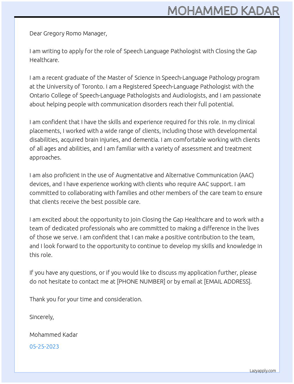 Speech Language Pathologist  At Closing the Gap Healthcare Cover Letter