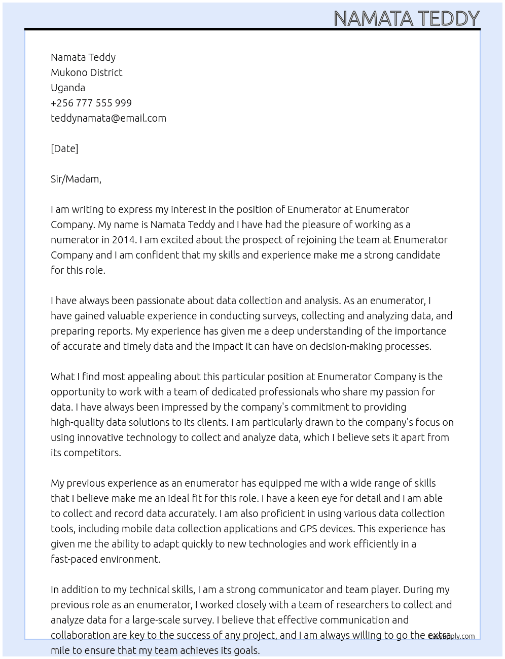 enumerator At enumerator  Cover Letter