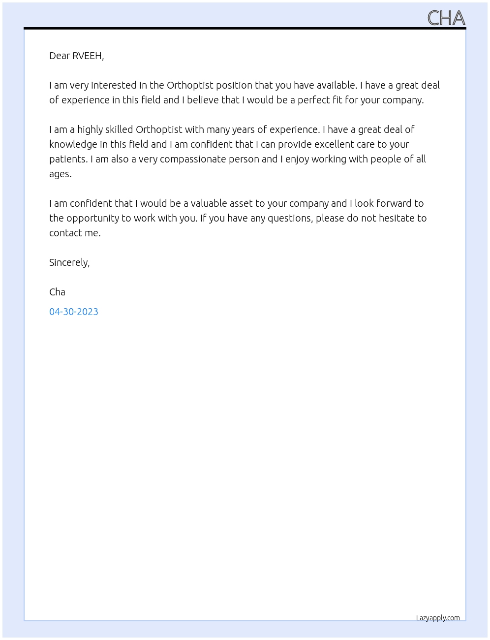 Orthoptist At RVEEH Cover Letter