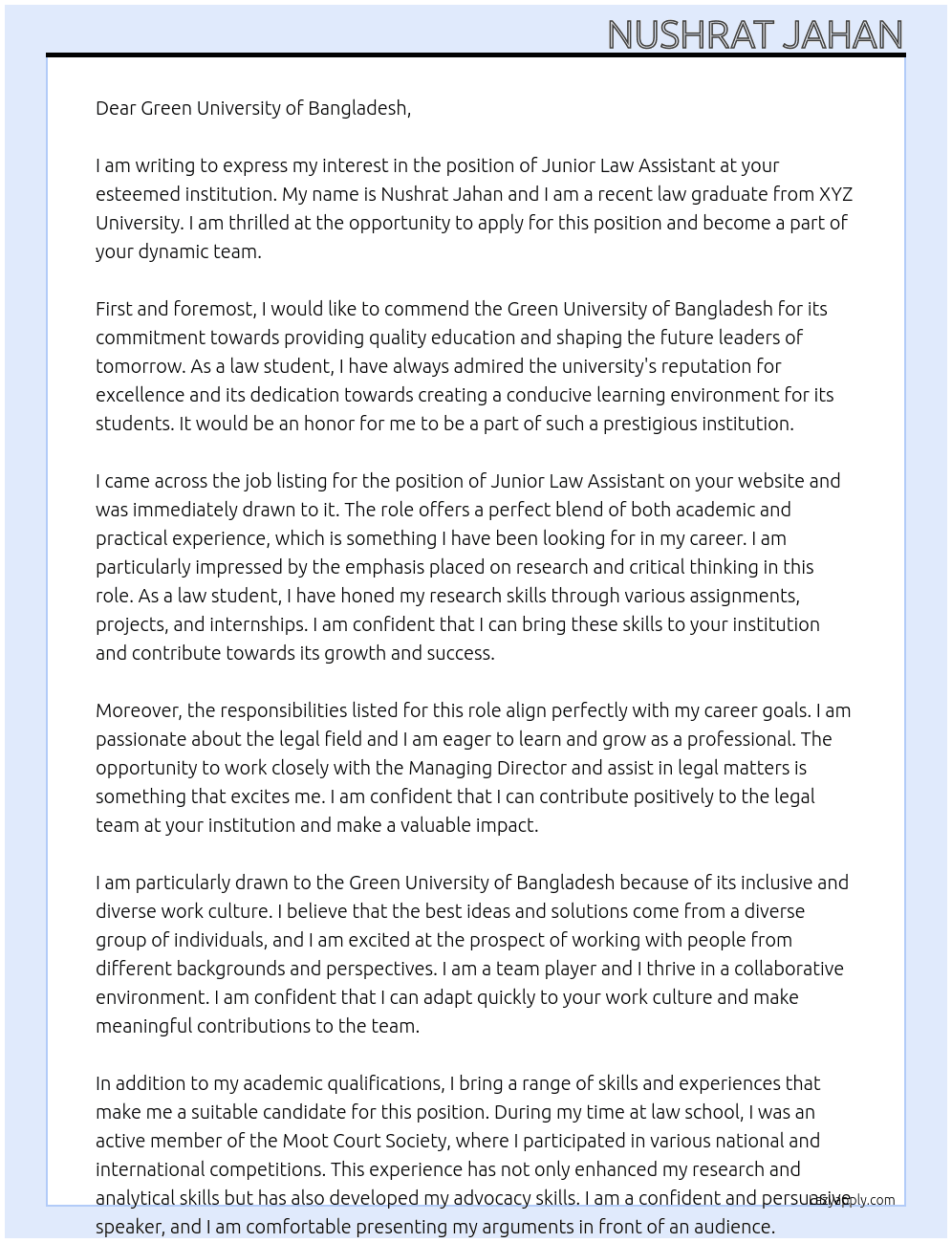 Junior law assistant At Managing Director Cover Letter