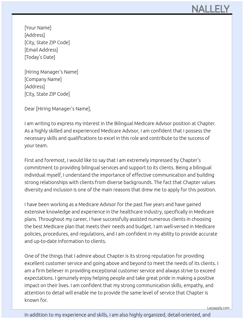 Bilingual Medicare Advisor  At Chapter Cover Letter