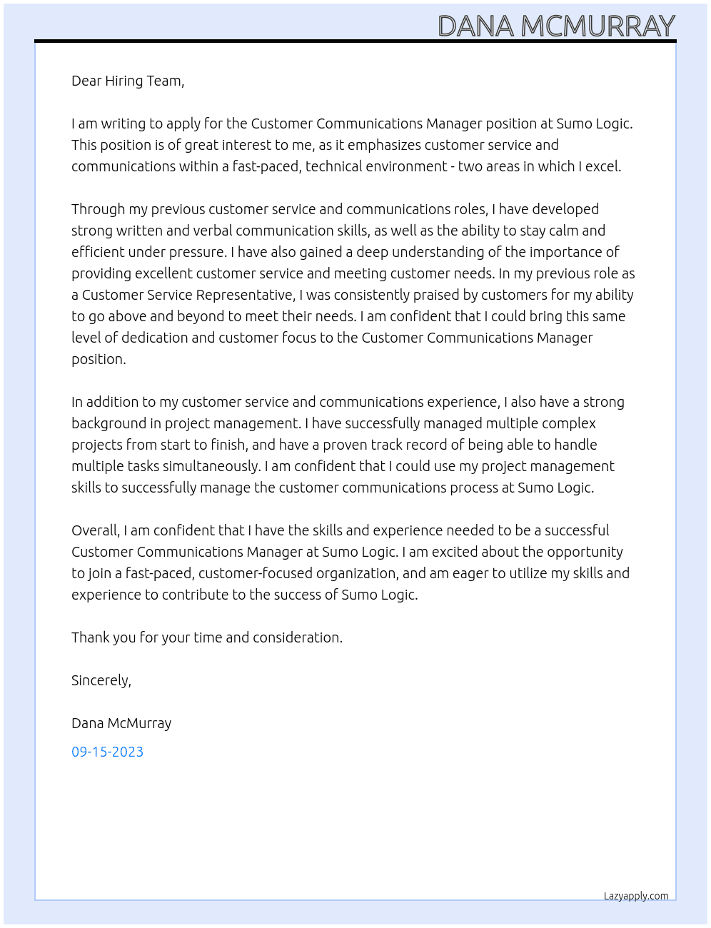 Customer Communications Manager At Sumo Logic Cover Letter