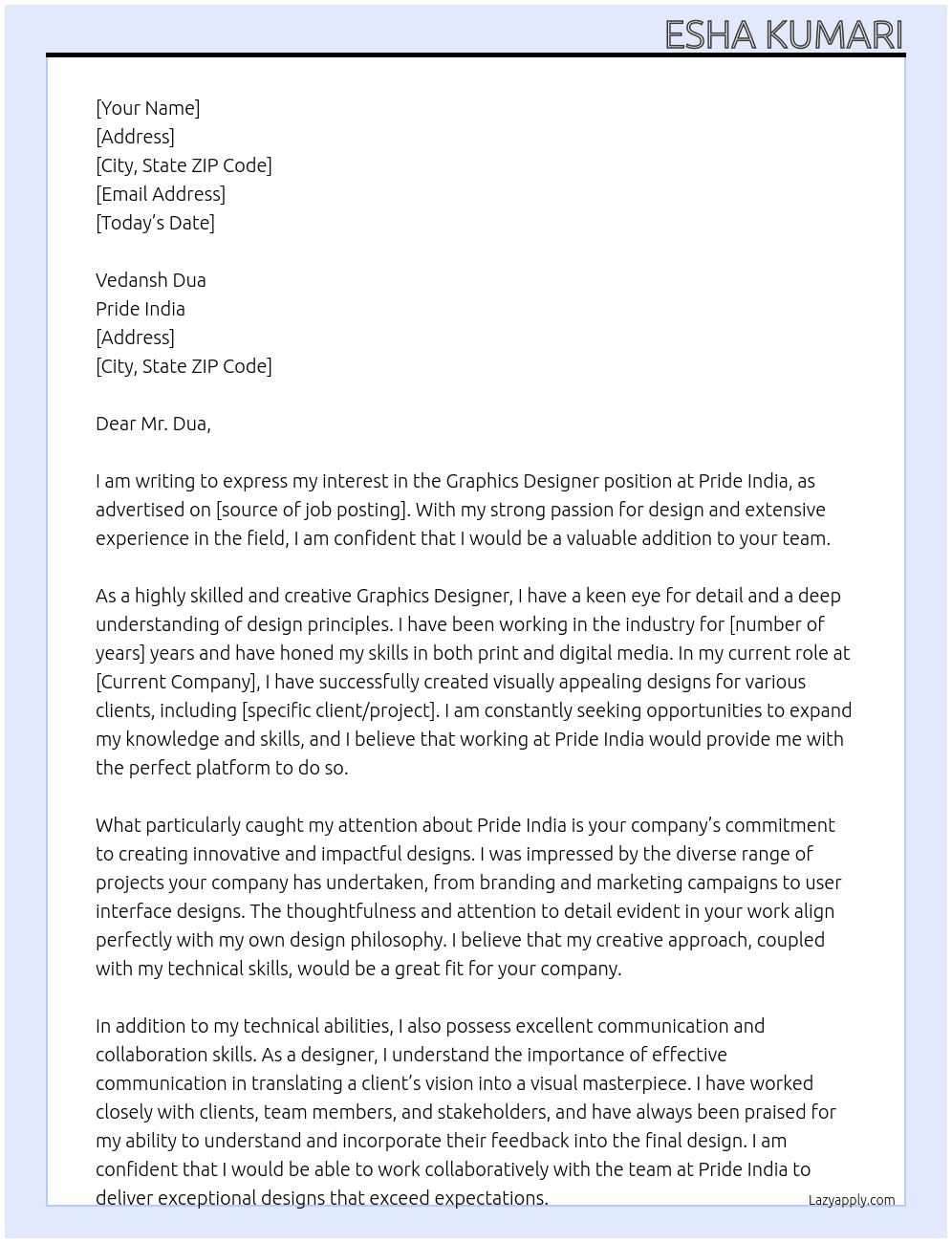 Graphics Designer At Pride India  Cover Letter