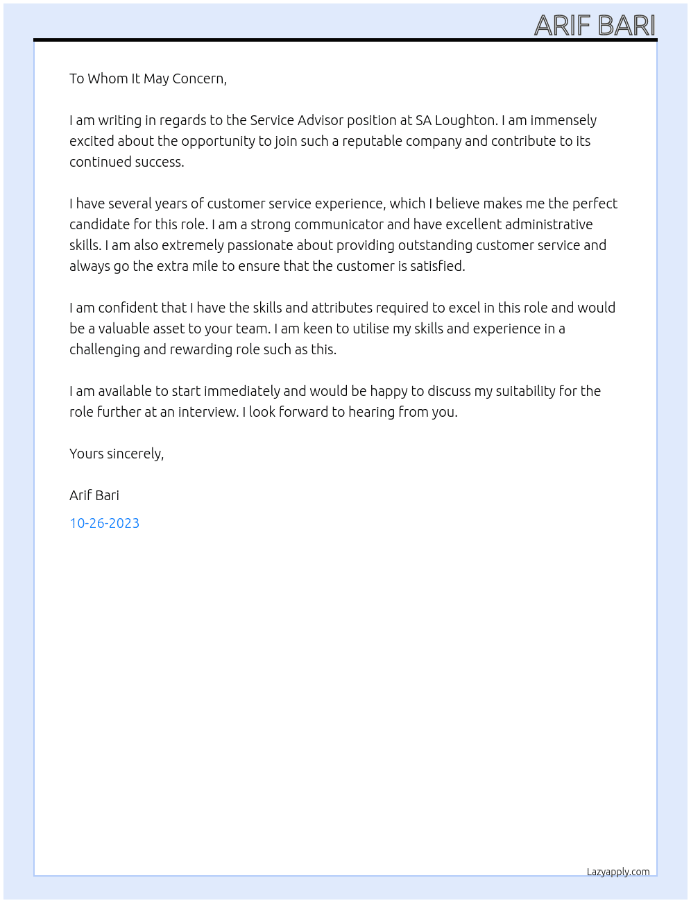 Service advisor At SA LOUGHTON  Cover Letter