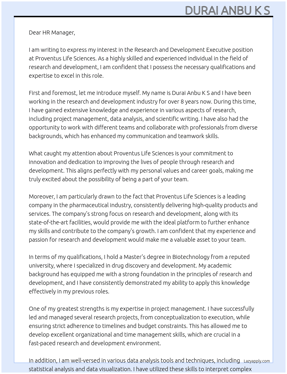 Research and development executive  At Proventus life sciences  Cover Letter